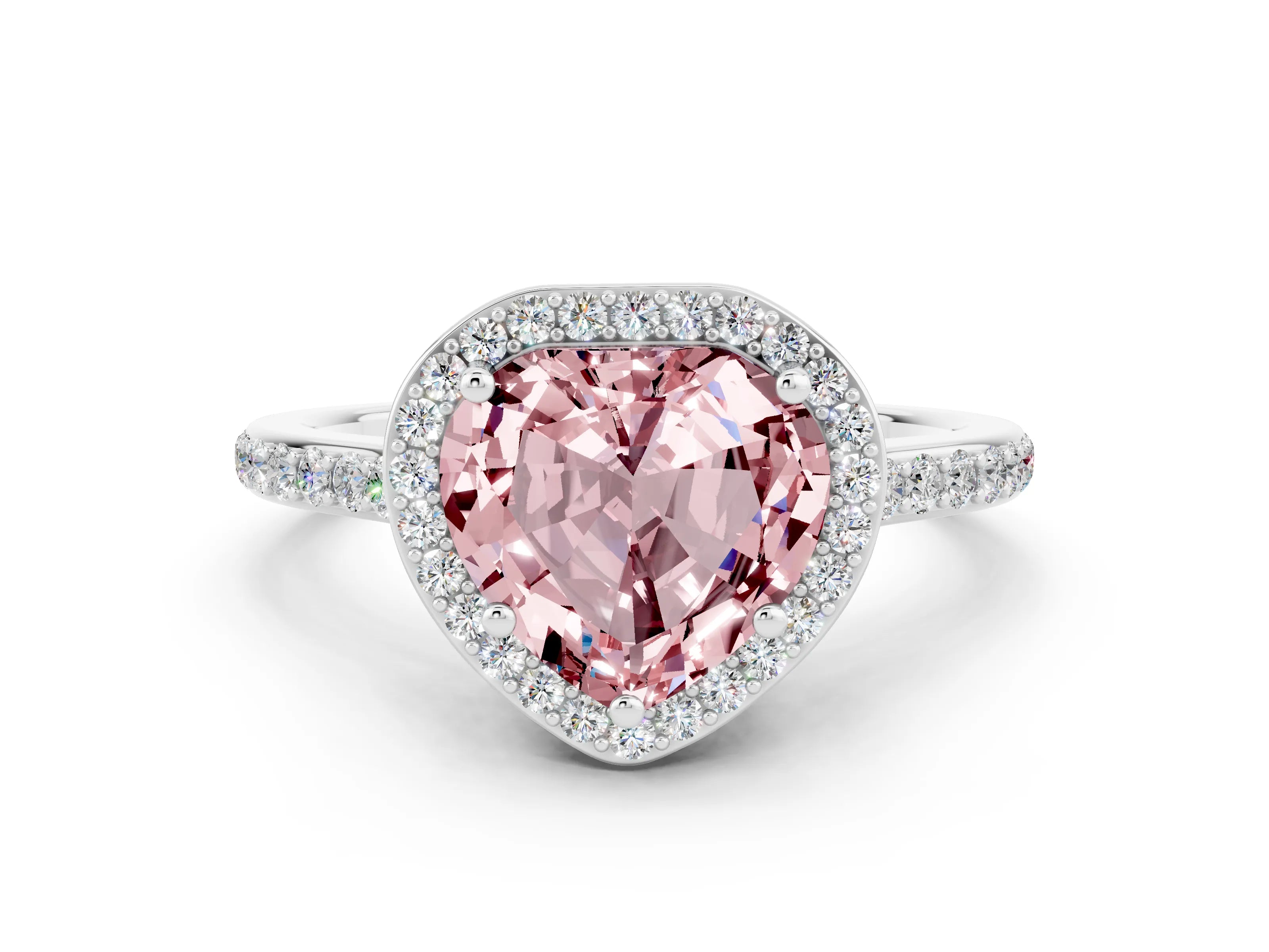 White gold Heart Cut Halo Round Diamond Pavé Band with Four-Prong Setting