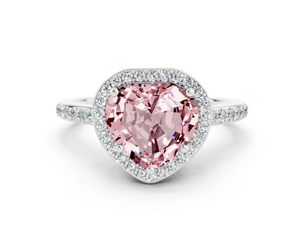 Platinum Heart Cut Halo Round Diamond Pavé Band with Four-Prong Setting