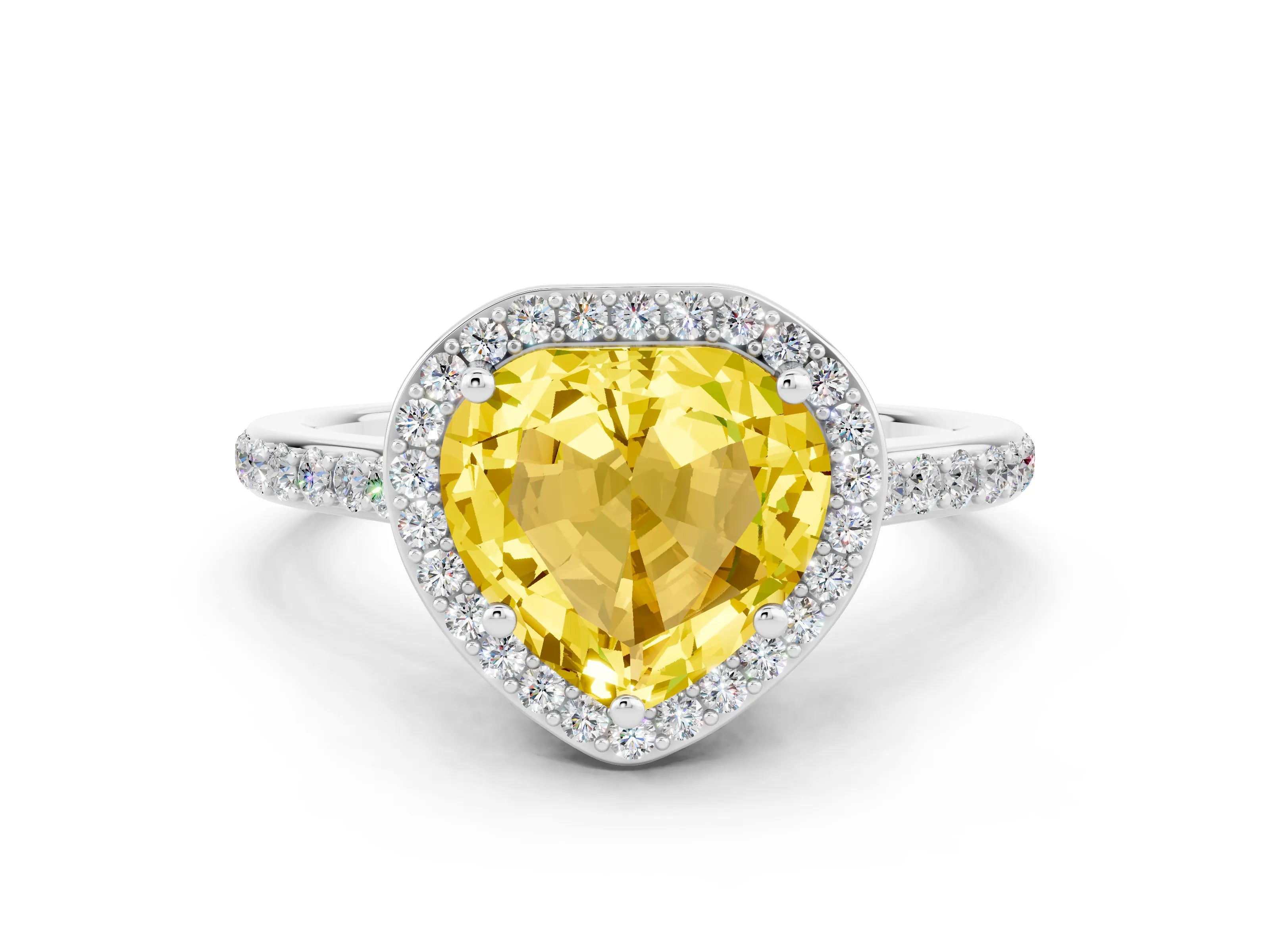 White gold Heart Cut Halo Round Diamond Pavé Band with Four-Prong Setting