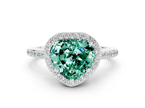 Platinum Heart Cut Green Sapphire Halo Engagement Ring with Round Pavé Shoulders and Prong Setting