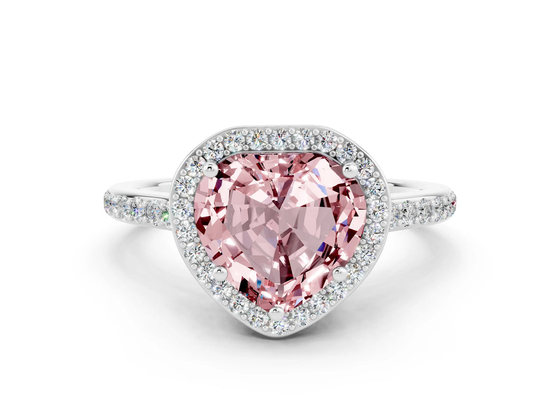 White gold Heart Cut Halo Round Diamond Pavé Band with Four-Prong Setting