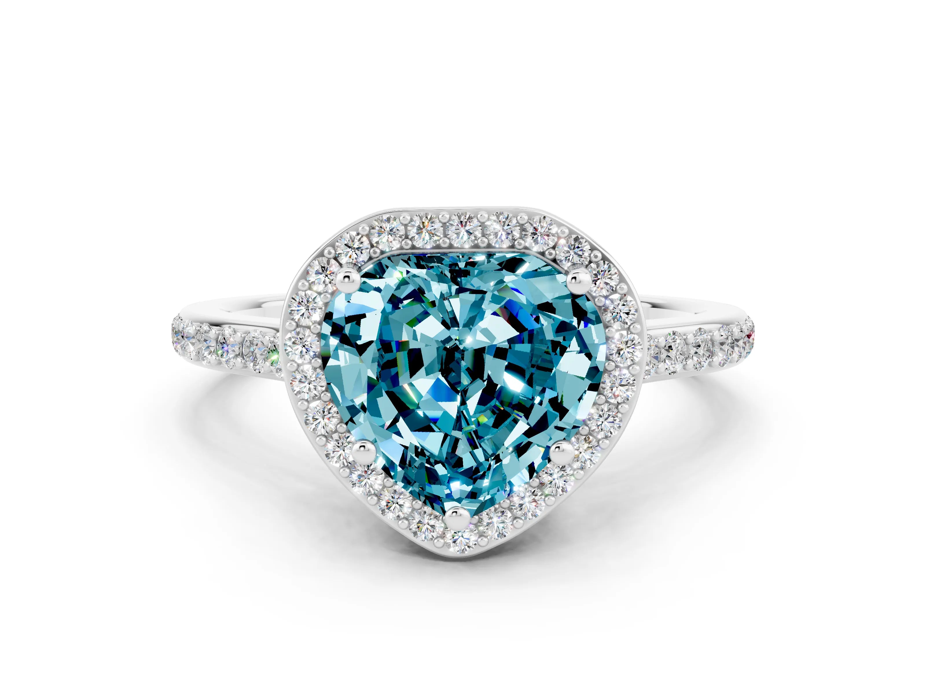 White gold Heart Cut Halo Round Diamond Pavé Band with Four-Prong Setting