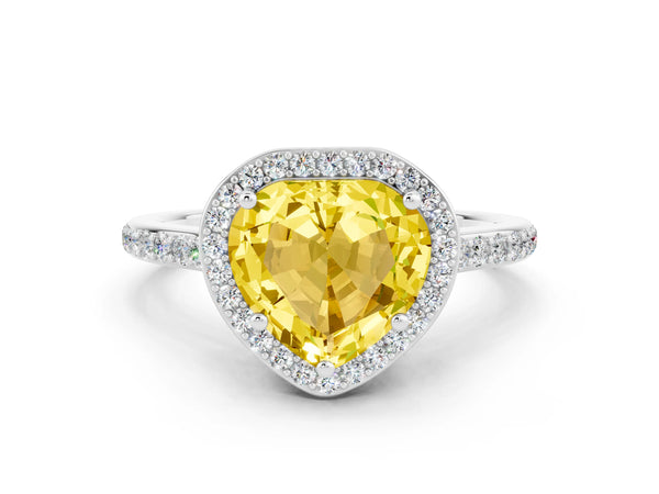 White gold Heart Cut Yellow Sapphire Halo Engagement Ring with Round Pavé Shoulders and Prong Setting
