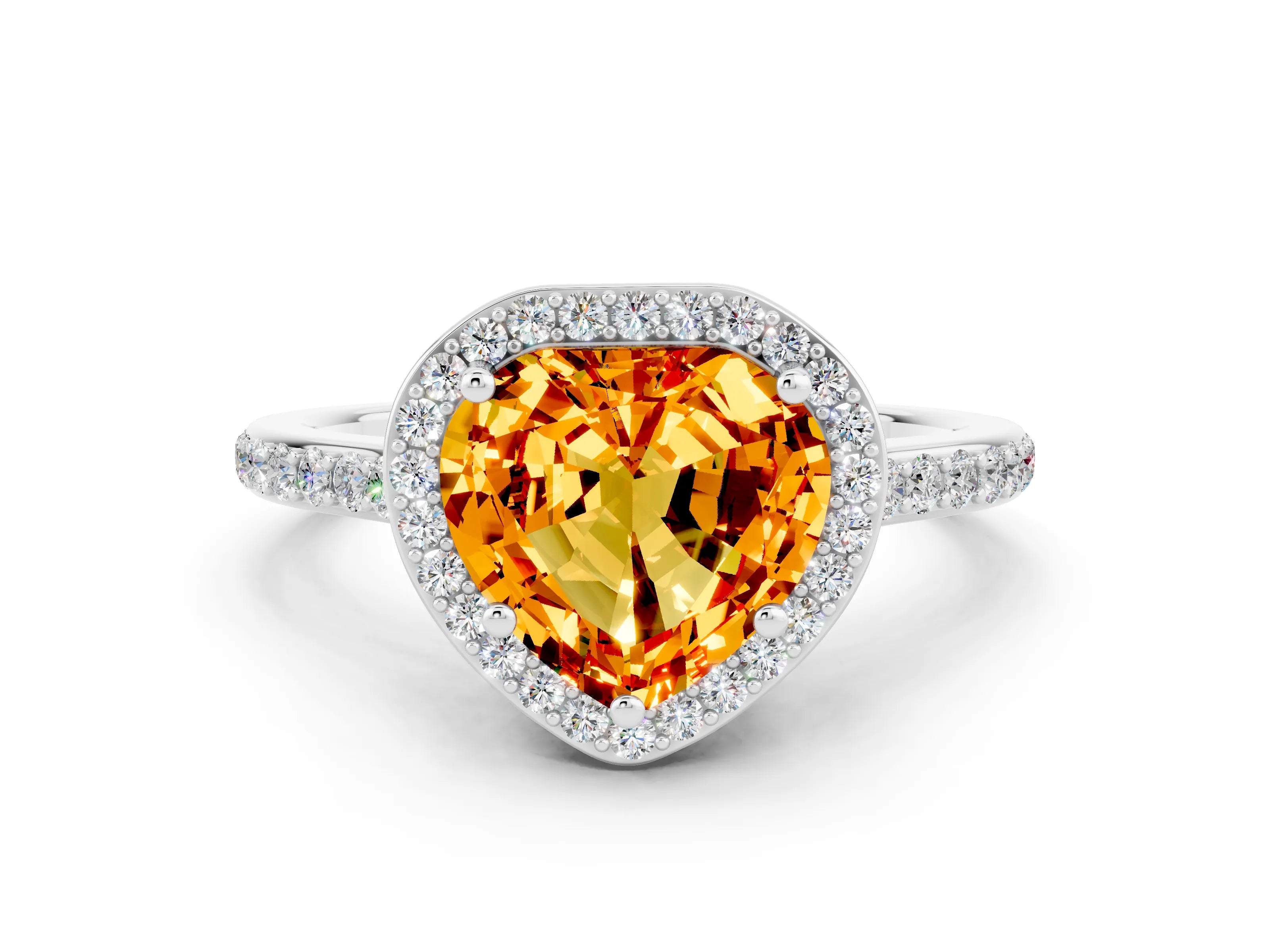 White gold Heart Cut Halo Round Diamond Pavé Band with Four-Prong Setting