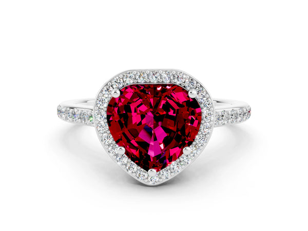Silver Heart Cut Garnet Halo Engagement Ring with Round Pavé Shoulders and Prong Setting