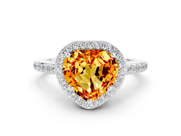 Platinum Heart Cut Citrine Halo Engagement Ring with Round Pavé Shoulders and Prong Setting