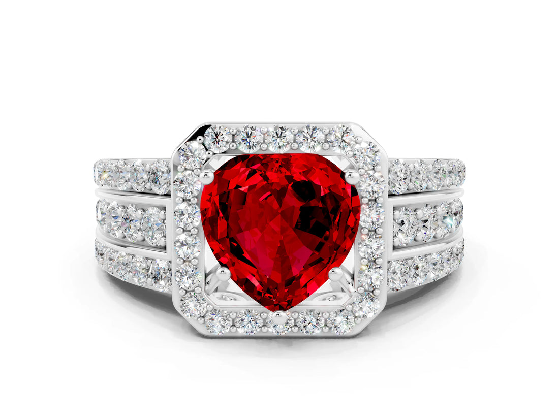 White gold Heart Cut Halo Ruby Ring with Split Shank and Four-Prong Setting