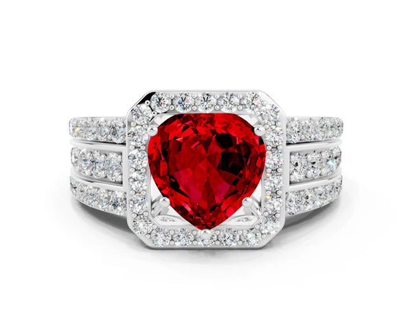 Platinum Heart Cut Halo Ruby Ring with Round  Split Shank and Prong Setting