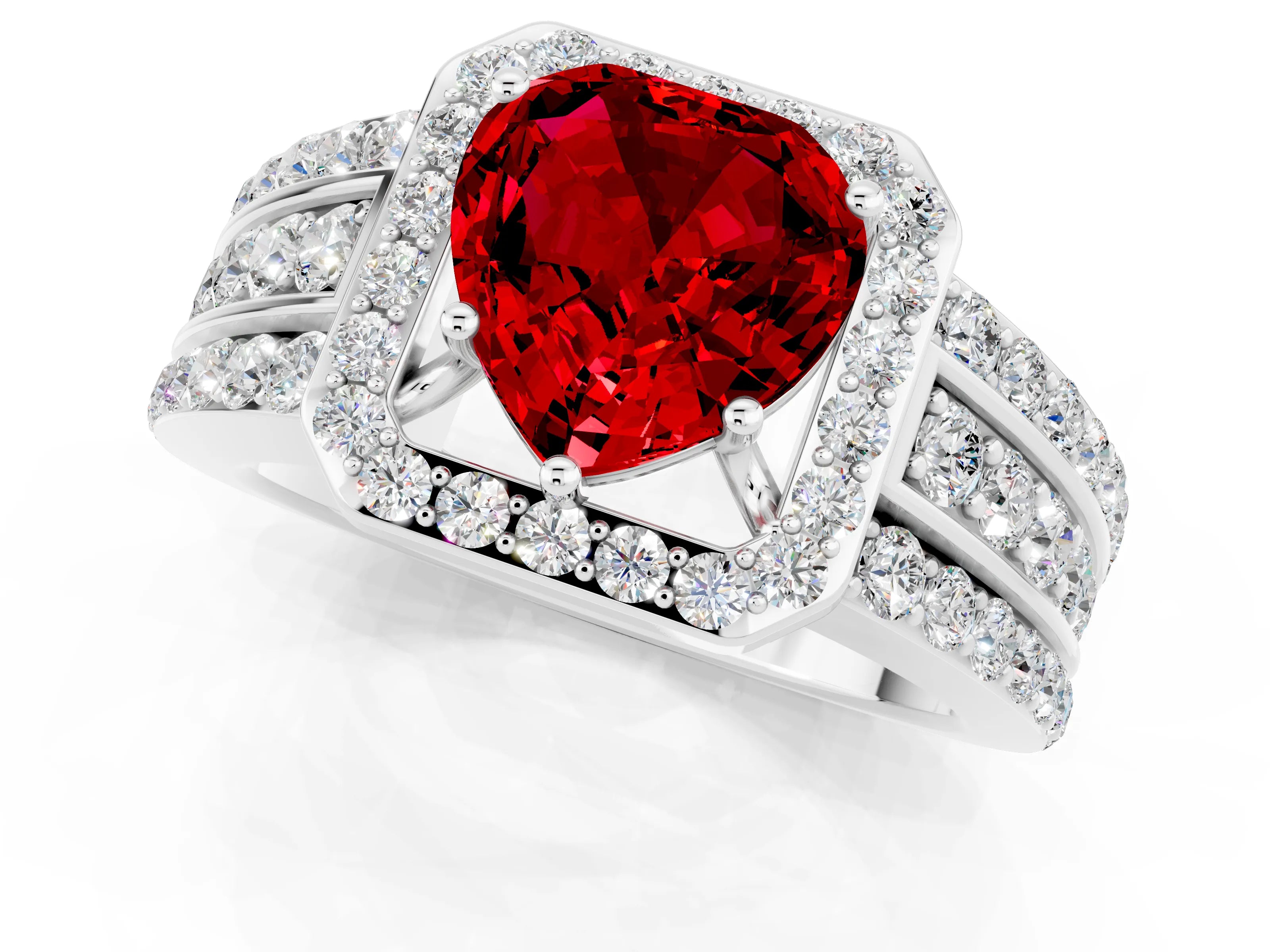 White gold Heart Cut Halo Ruby Ring with Split Shank and Four-Prong Setting_1