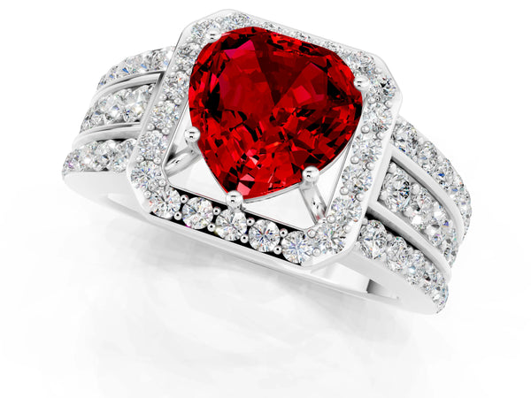 White gold Heart Cut Halo Ruby Ring with Round  Split Shank and Prong Setting