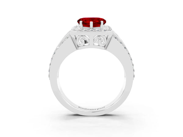 Silver Heart Cut Halo Ruby Ring with Round  Split Shank and Prong Setting