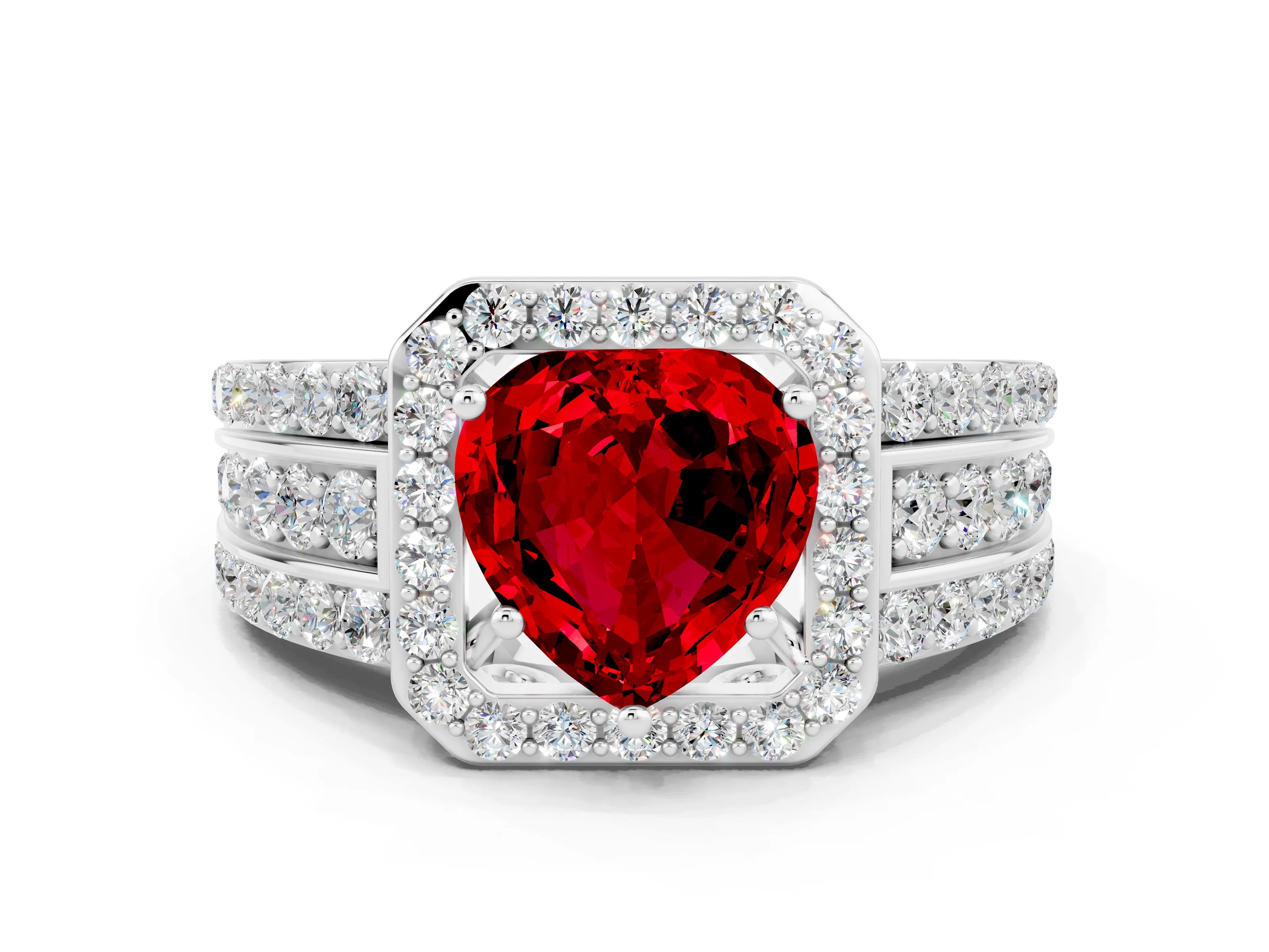 White gold Heart Cut Halo Ruby Ring with Split Shank and Four-Prong Setting
