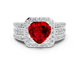 White gold Heart Cut Halo Ruby Ring with Split Shank and Four-Prong Setting