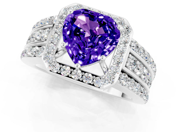 Silver Heart Cut Halo Tanzanite Ring with Round  Split Shank and Prong Setting