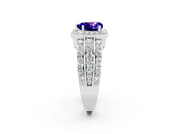 Platinum Heart Cut Halo Tanzanite Ring with Round  Split Shank and Prong Setting