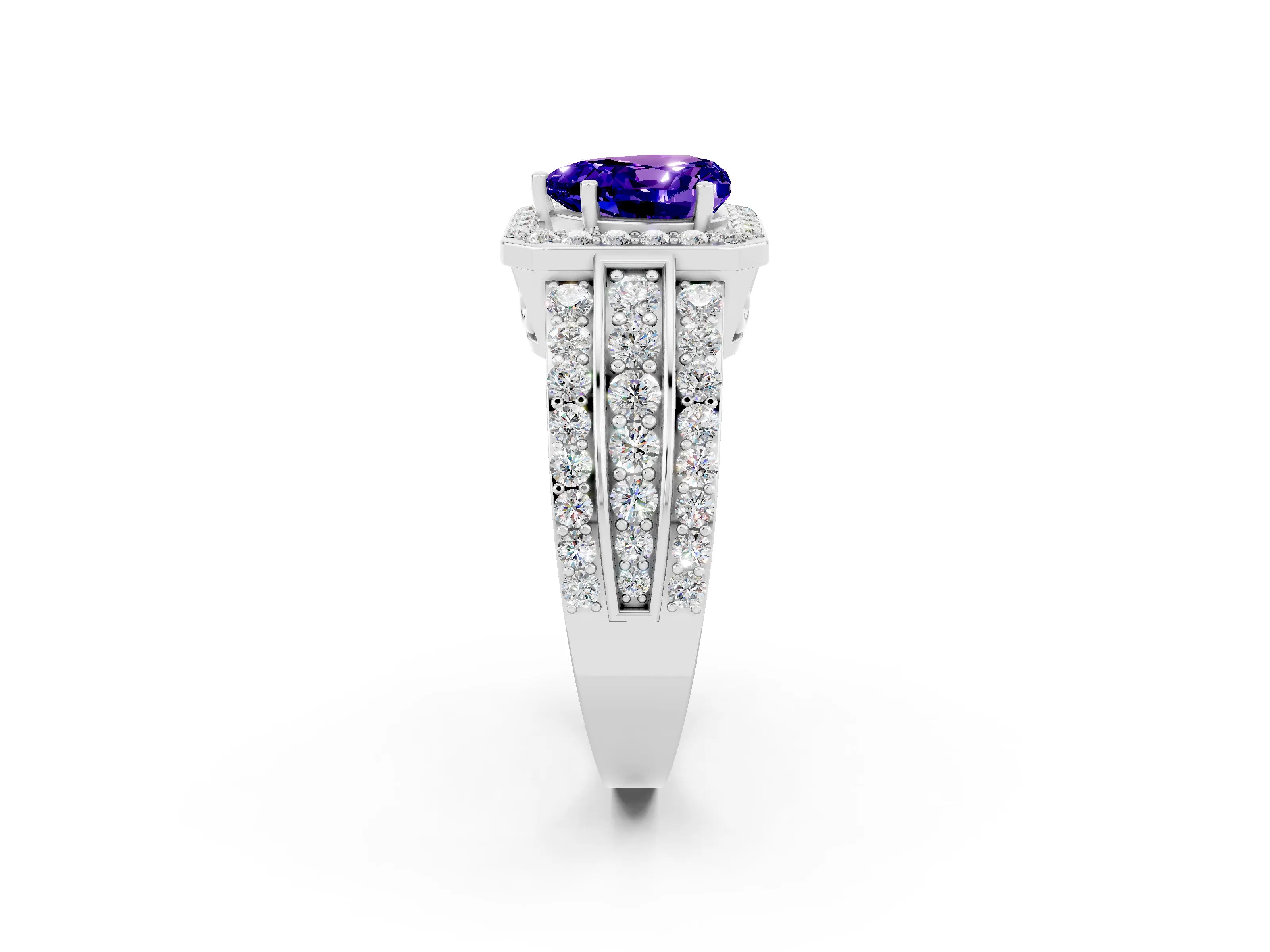 White gold Heart Cut Halo Tanzanite Ring with Split Shank and Four-Prong Setting_2