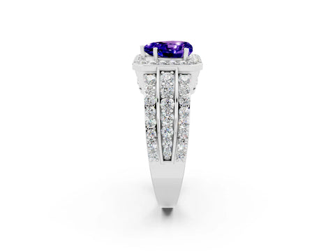 White gold Heart Cut Halo Tanzanite Ring with Split Shank and Four-Prong Setting_2