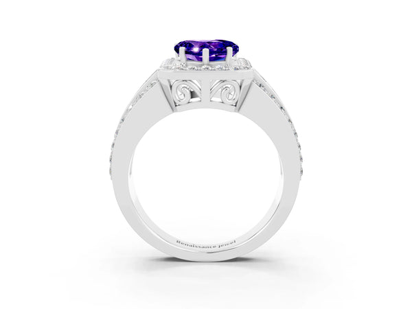 Platinum Heart Cut Halo Tanzanite Ring with Round  Split Shank and Prong Setting