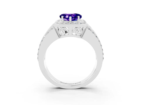 White gold Heart Cut Halo Tanzanite Ring with Split Shank and Four-Prong Setting_3