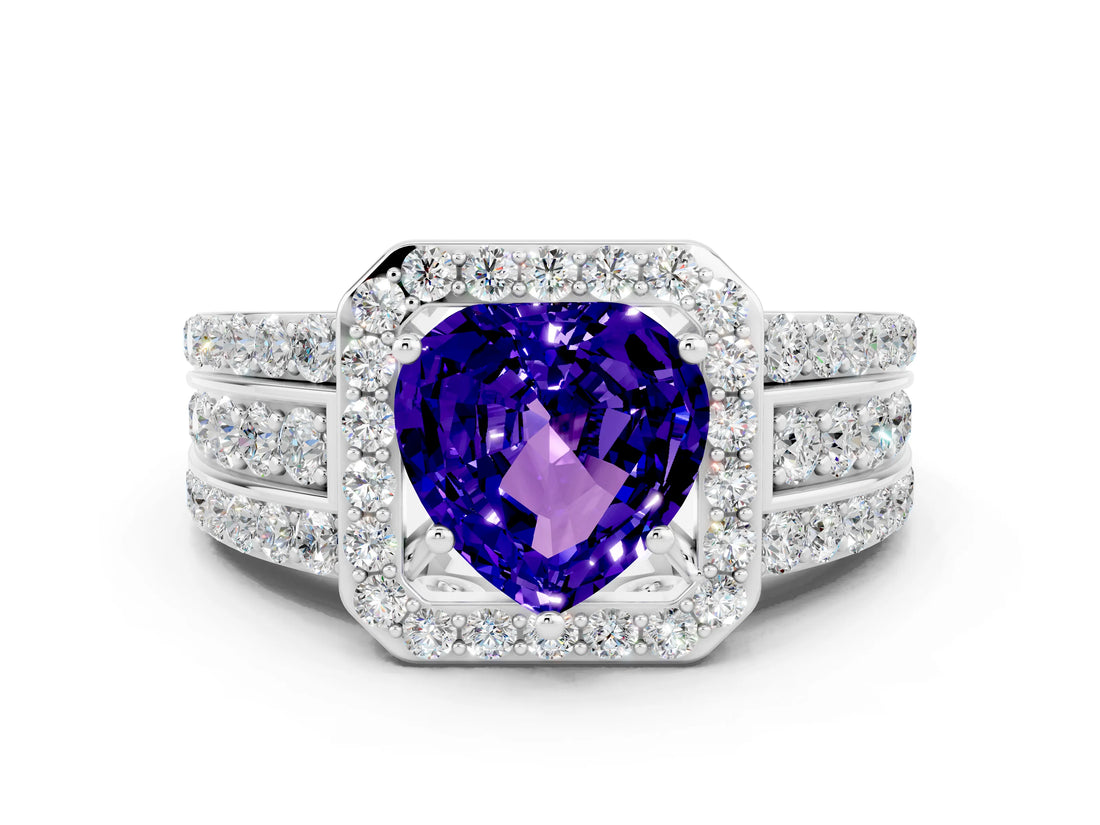 White gold Heart Cut Halo Tanzanite Ring with Split Shank and Four-Prong Setting