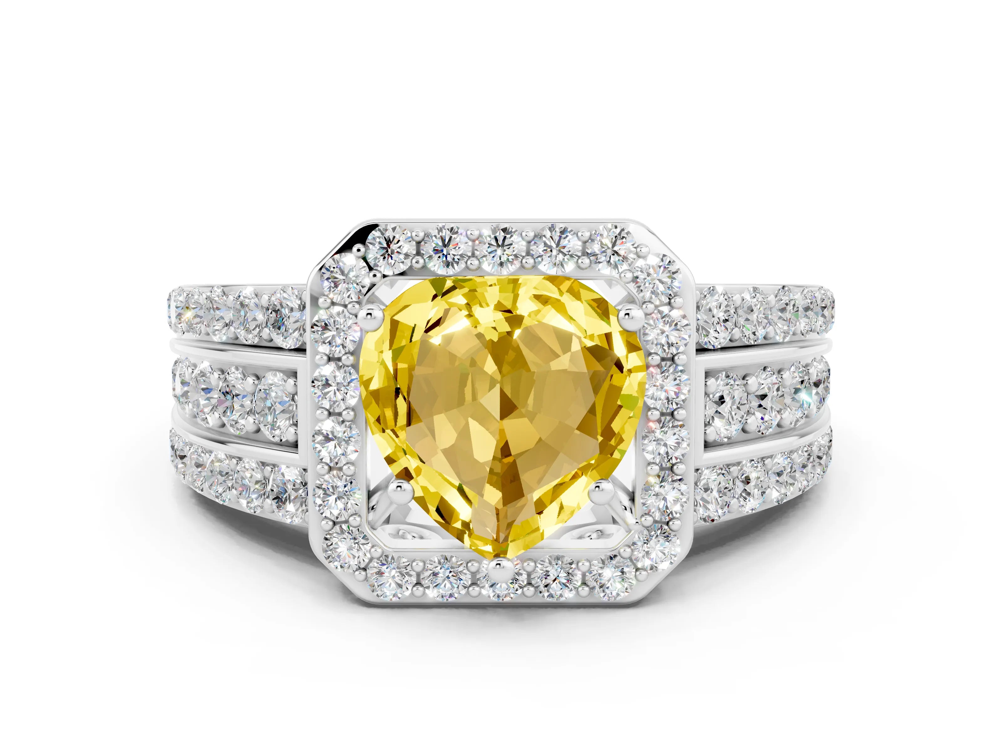 White gold Heart Cut Halo Yellow Sapphire Ring with Split Shank and Four-Prong Setting_24