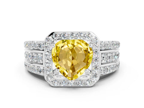White gold Heart Cut Halo Yellow Sapphire Ring with Split Shank and Four-Prong Setting_24