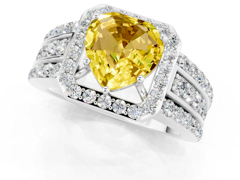 White gold Heart Cut Halo Yellow Sapphire Ring with Split Shank and Four-Prong Setting_25