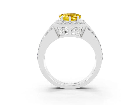 White gold Heart Cut Halo Yellow Sapphire Ring with Split Shank and Four-Prong Setting_27