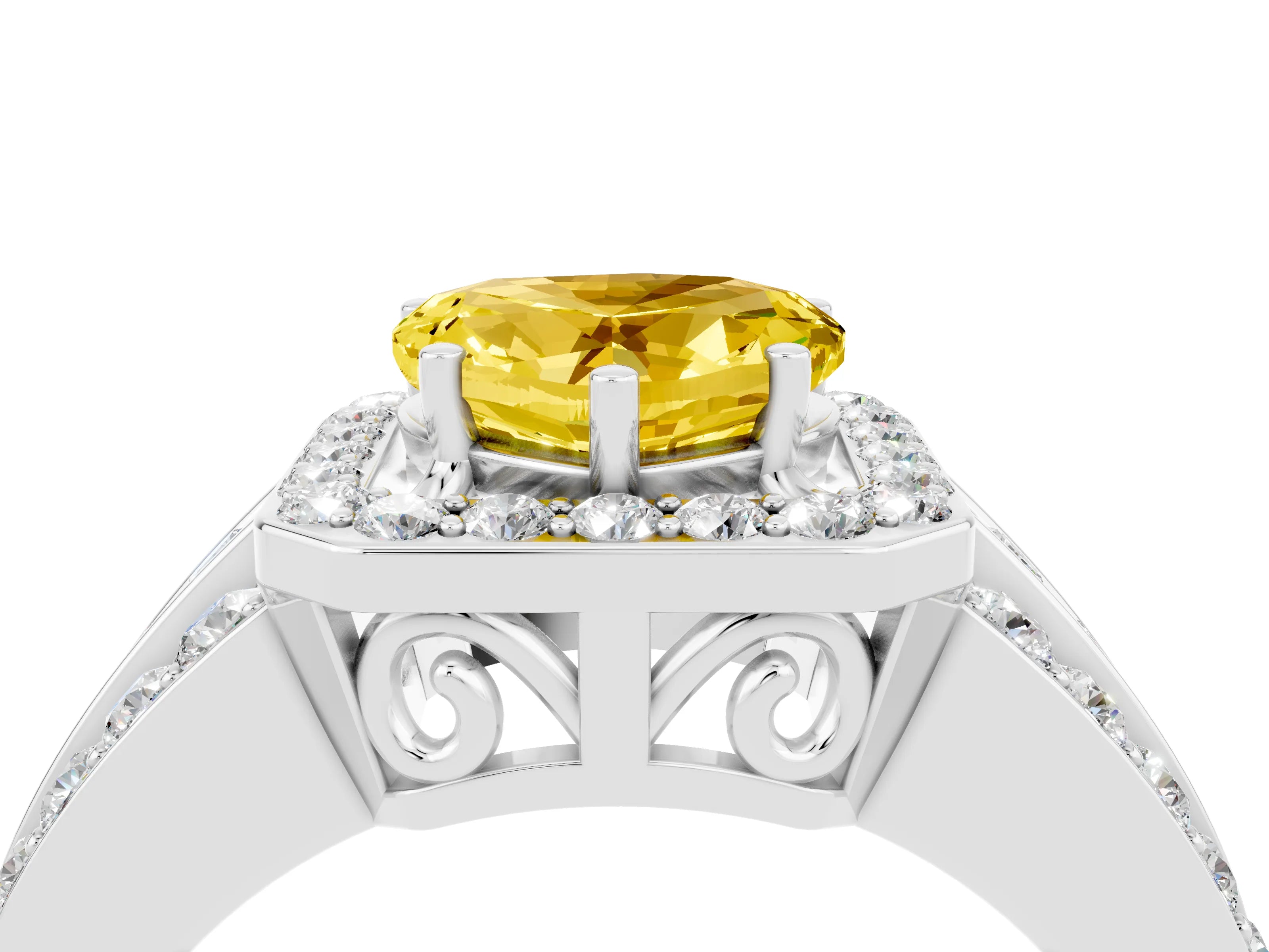 White gold Heart Cut Halo Yellow Sapphire Ring with Split Shank and Four-Prong Setting_28
