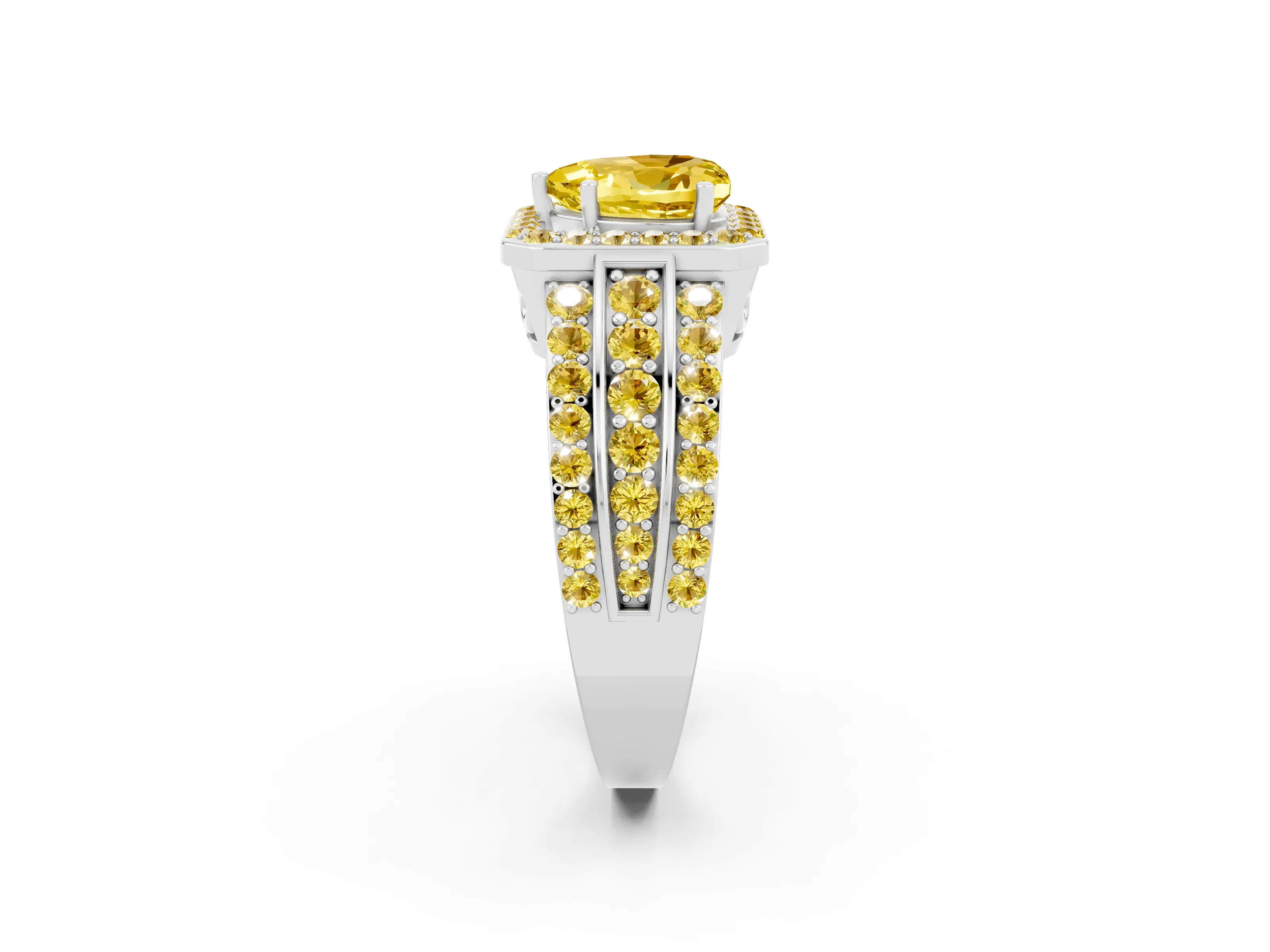 White gold Heart Cut Halo Yellow Sapphire Ring with Split Shank and Four-Prong Setting_2