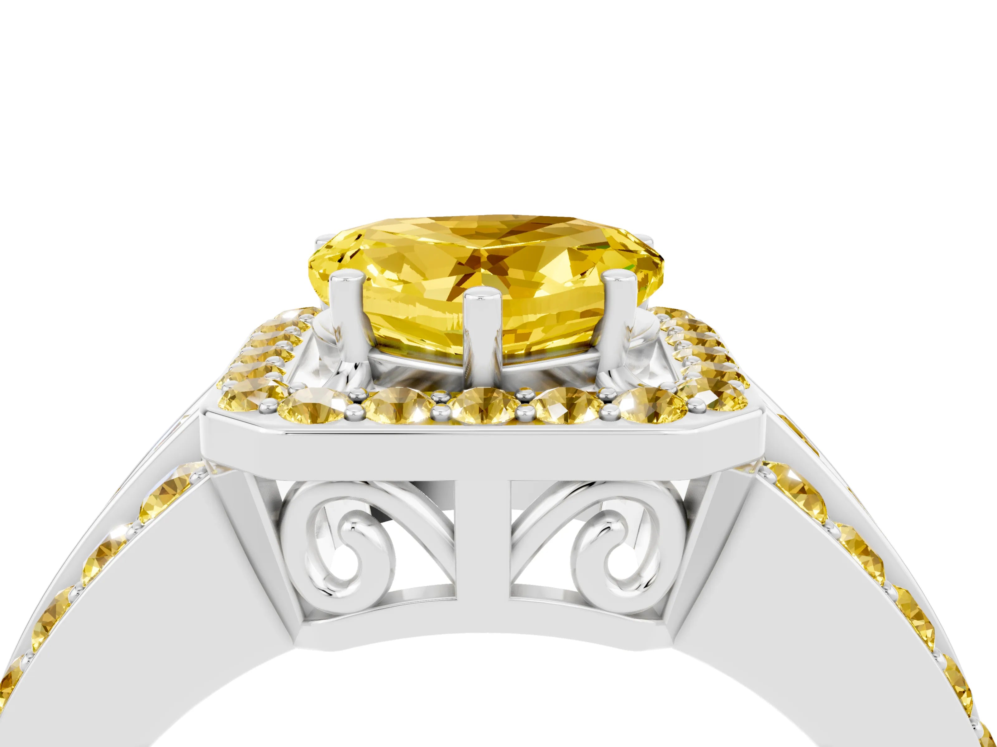White gold Heart Cut Halo Yellow Sapphire Ring with Split Shank and Four-Prong Setting_4
