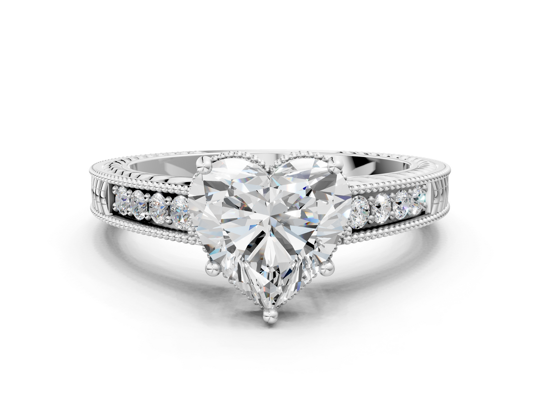 White gold Heart Cut Milgrain Channel Set Engagement Ring with Solitaire Prong Setting_62