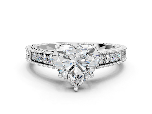 White gold Heart Cut Diamond Engagement Ring with Milgrain Channel Set Band and Prong Setting