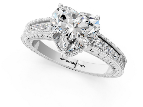 White gold Heart Cut Diamond Engagement Ring with Milgrain Channel Set Band and Prong Setting
