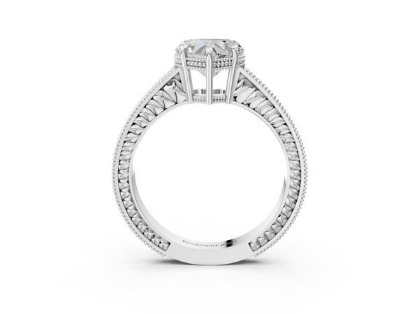 White gold Heart Cut Diamond Engagement Ring with Milgrain Channel Set Band and Prong Setting