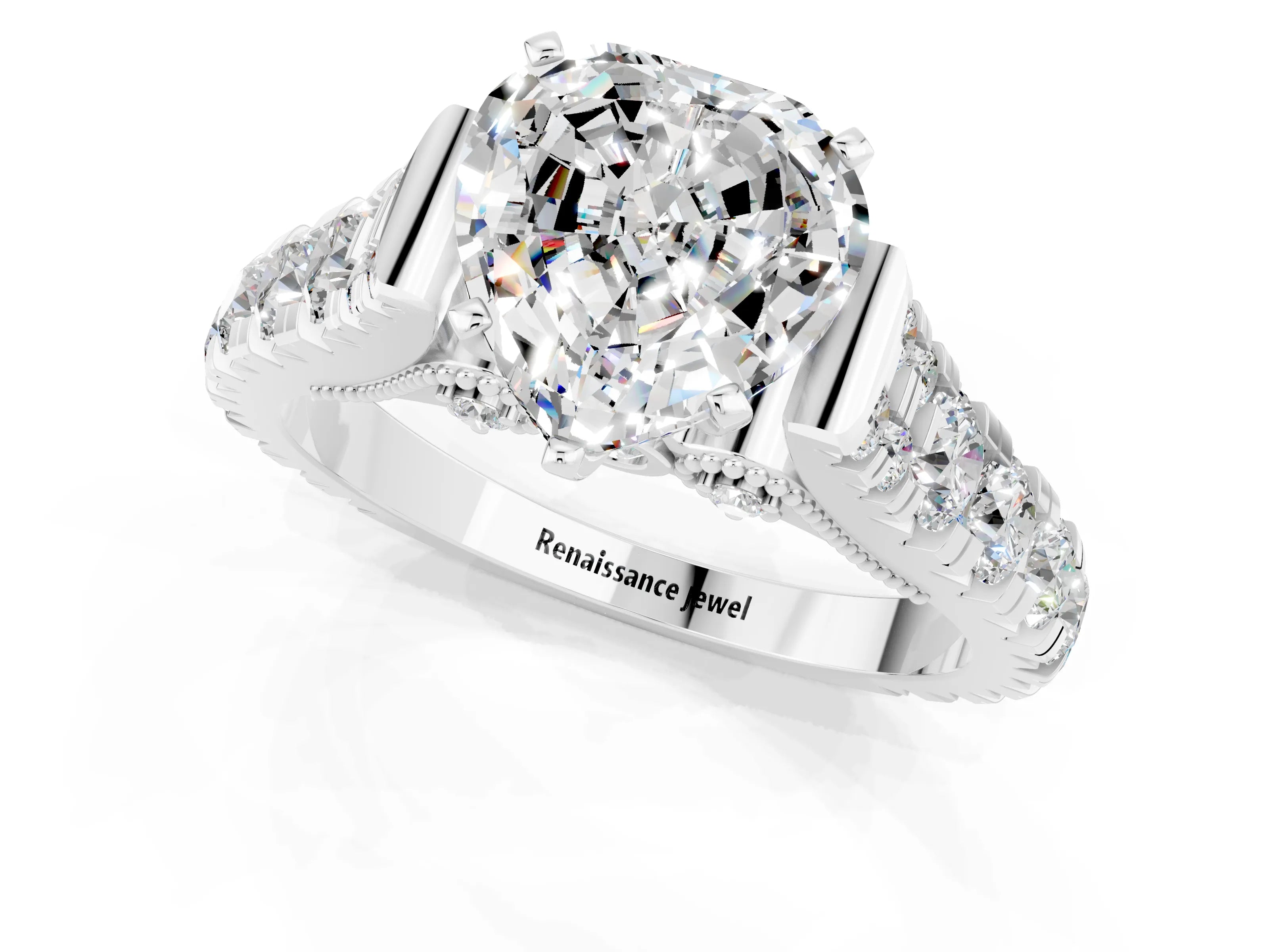 White gold Heart Cut Moissanite Classic Solitaire Ring with Pavé Band and Four-Prong Setting_1