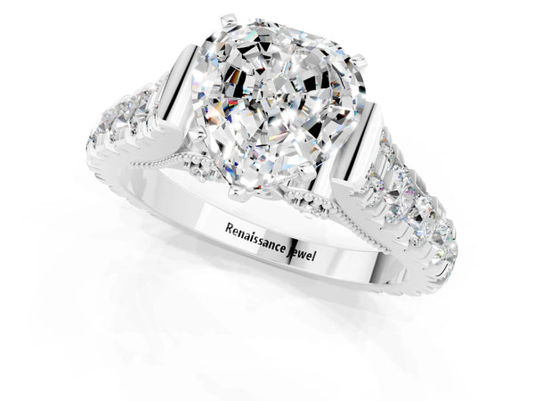 Silver Heart Cut Moissanite Classic Solitaire Ring with Pavé Band and Four-Prong Setting