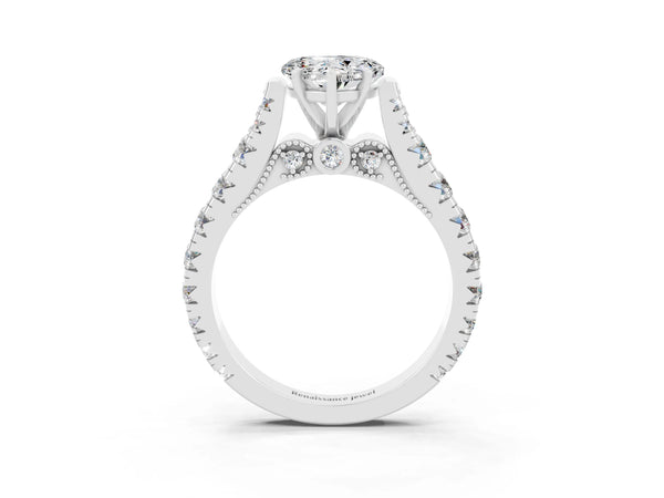 Platinum Heart Cut Moissanite Classic Solitaire Ring with Pavé Band and Four-Prong Setting