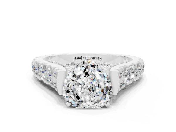 Silver Heart Cut Moissanite Classic Solitaire Ring with Pavé Band and Four-Prong Setting