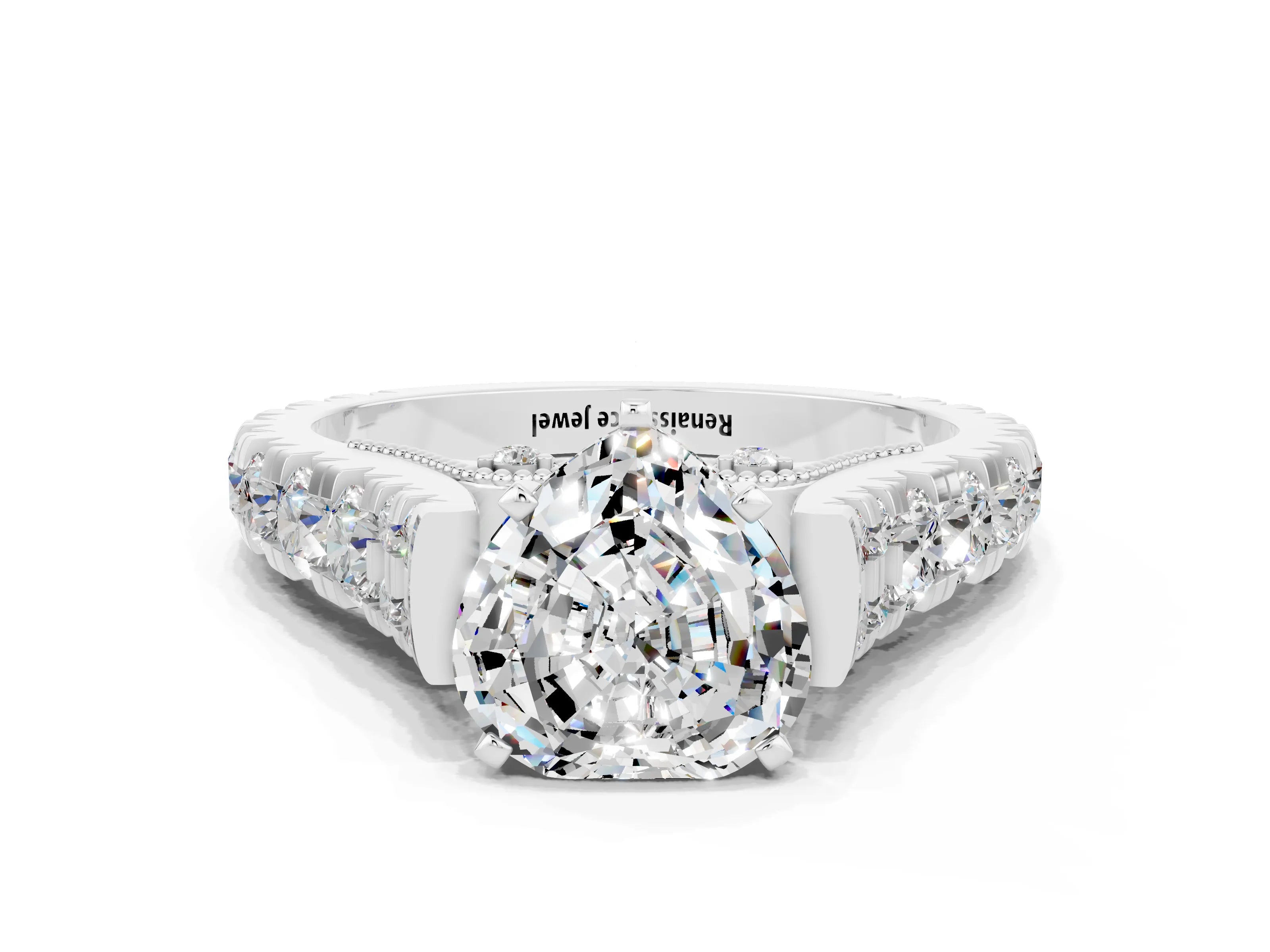 White gold Heart Cut Moissanite Classic Solitaire Ring with Pavé Band and Four-Prong Setting