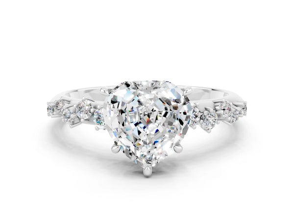 Silver Heart Cut Moissanite Cluster Side Stone Solitaire Ring with Prong Setting
