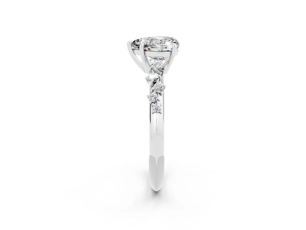 Silver Heart Cut Moissanite Cluster Side Stone Solitaire Ring with Prong Setting