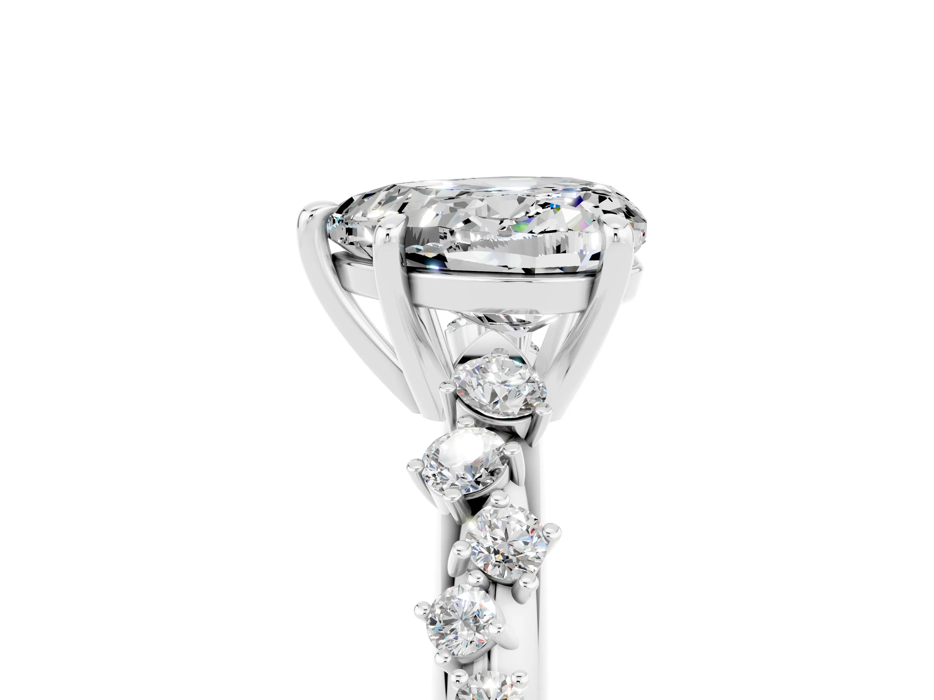 White gold Heart Cut Moissanite Cluster Side Stone Solitaire Ring with Prong Setting_64