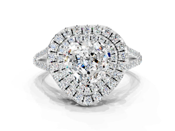Platinum Heart Cut Moissanite Double Halo Ring with Pavé Band and Prong Setting