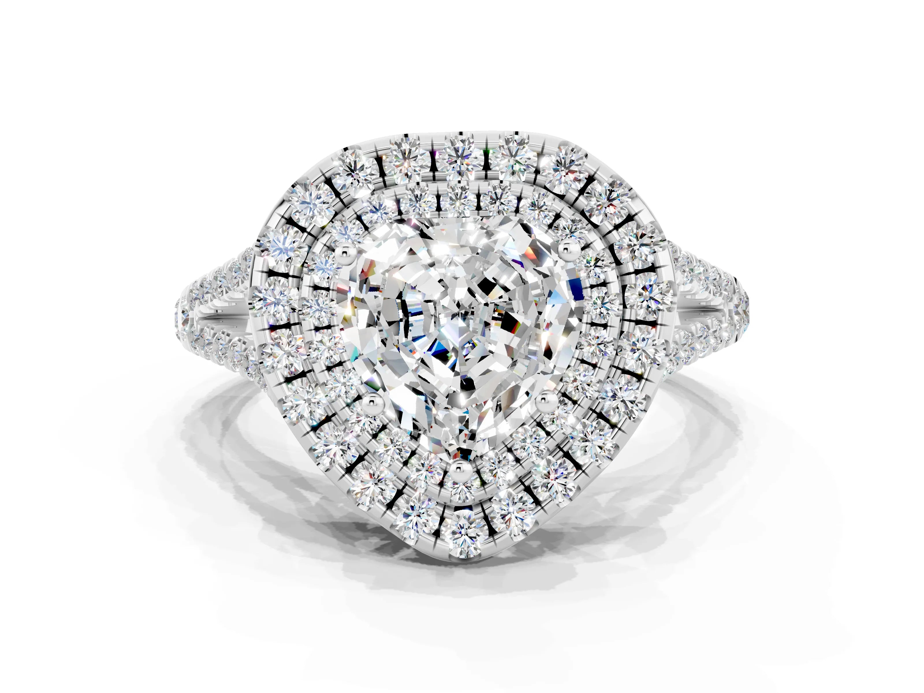 White gold Heart Cut Moissanite Double Halo Ring with Pavé Band and Prong Setting_12