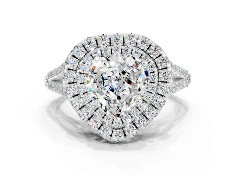 White gold Heart Cut Moissanite Double Halo Ring with Pavé Band and Prong Setting_12