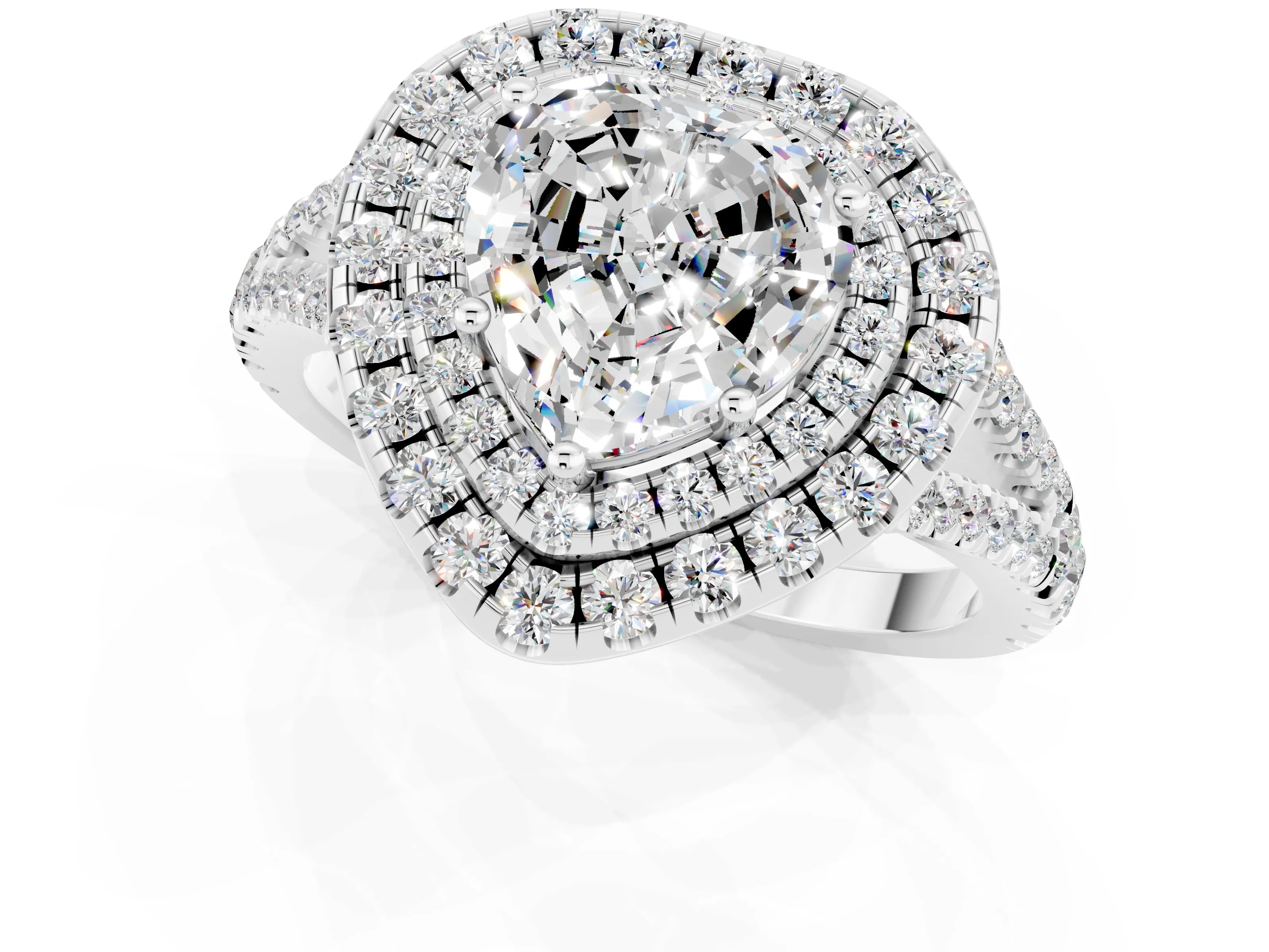 White gold Heart Cut Moissanite Double Halo Ring with Pavé Band and Prong Setting_13