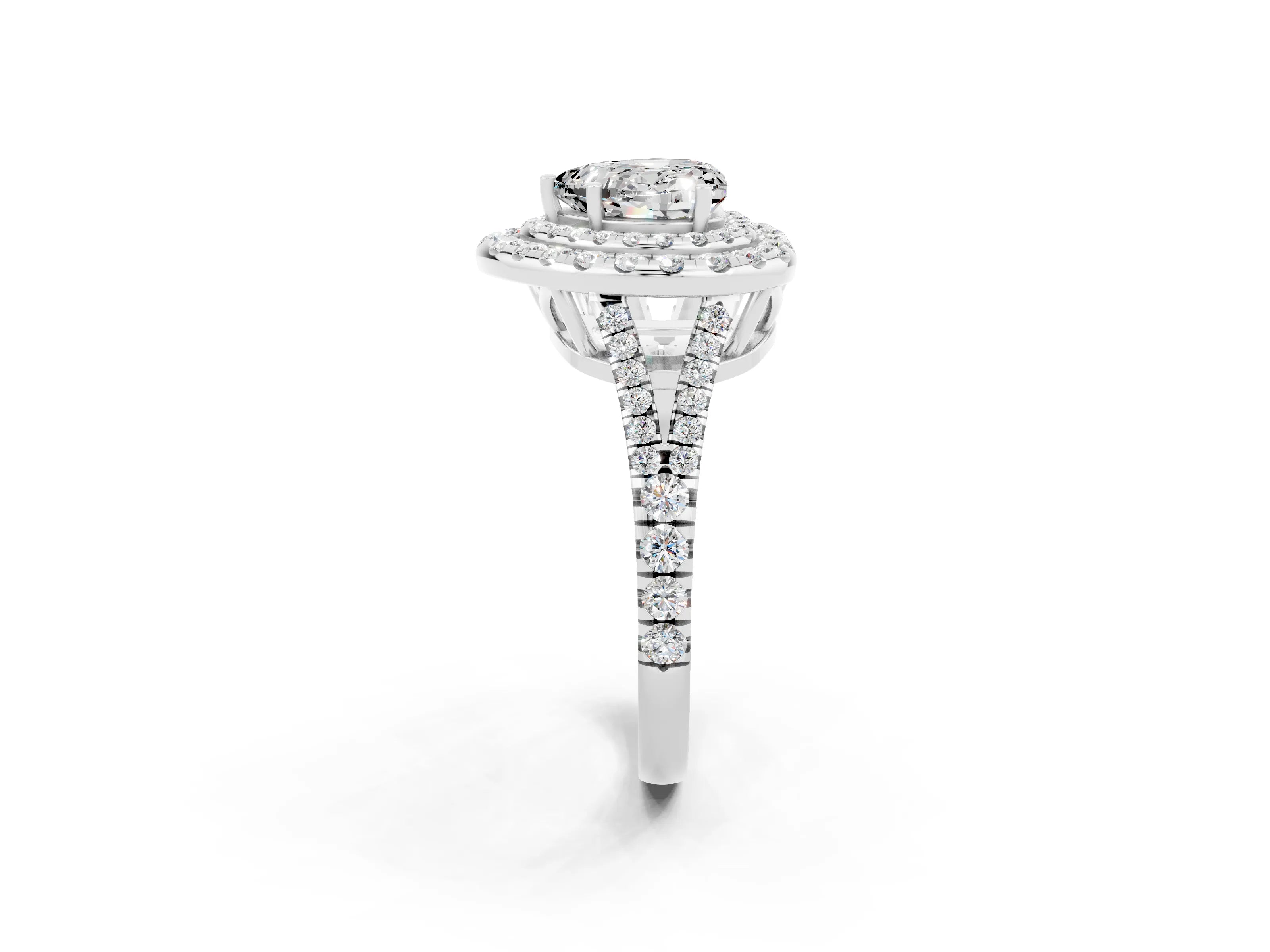 White gold Heart Cut Moissanite Double Halo Ring with Pavé Band and Prong Setting_14