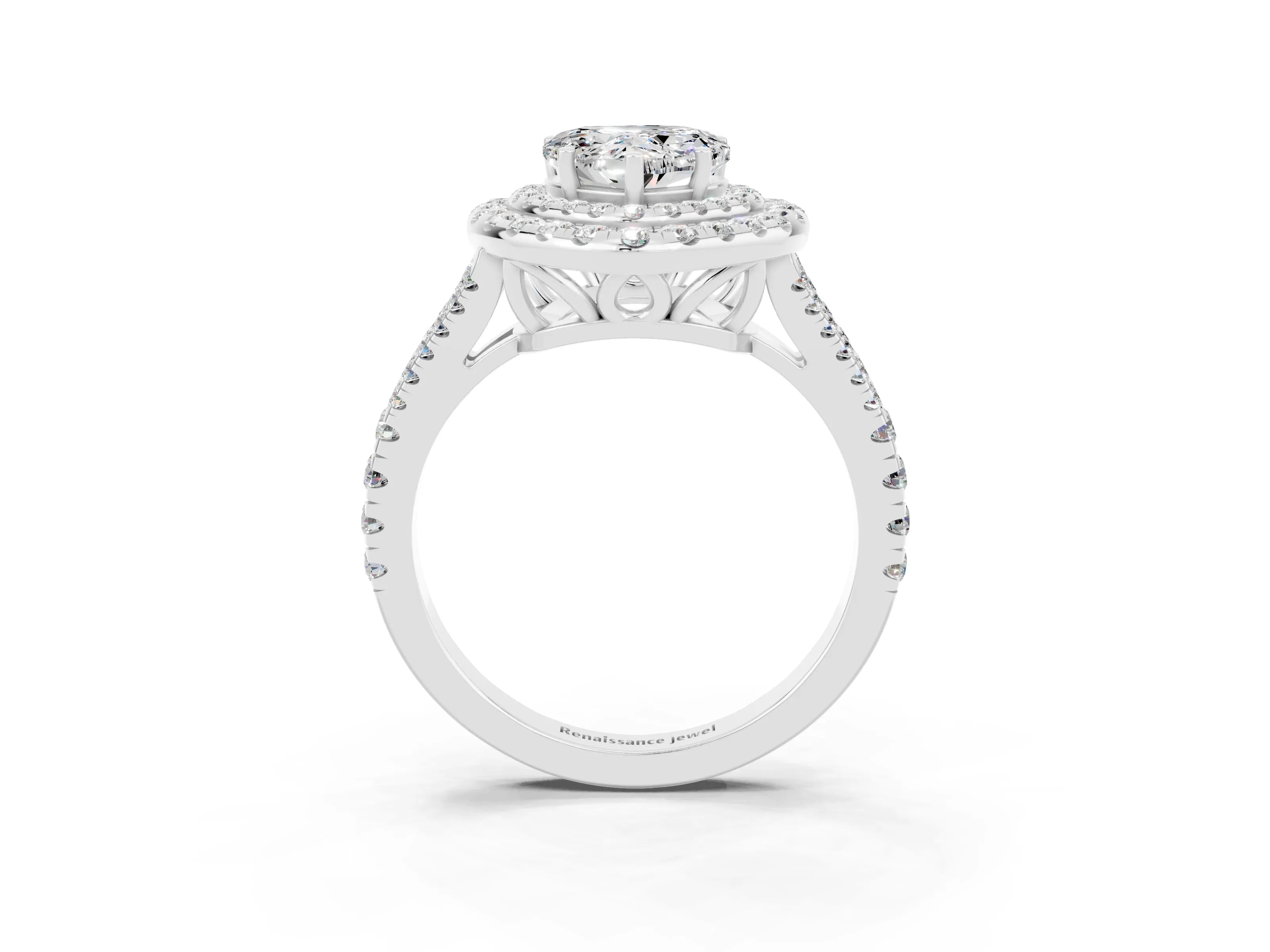 White gold Heart Cut Moissanite Double Halo Ring with Pavé Band and Prong Setting_15
