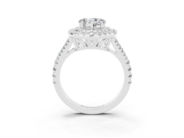 White gold Heart Cut Moissanite Double Halo Ring with Pavé Band and Prong Setting